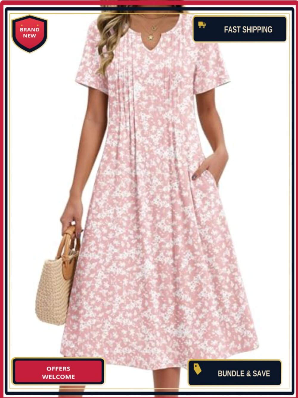 Zeagoo Women's Casual A-Line Midi Dress with Pockets Short Sleeve Pleated Flowy